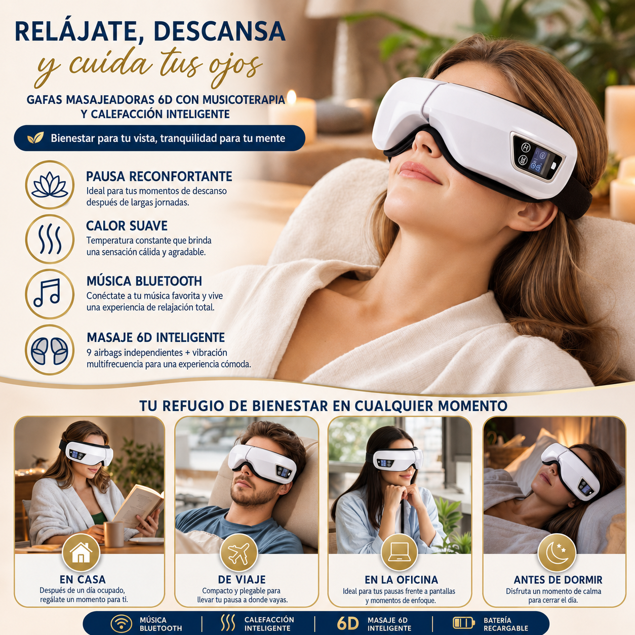Masajeador Ocular Inteligente 6D con Calor y Bluetooth