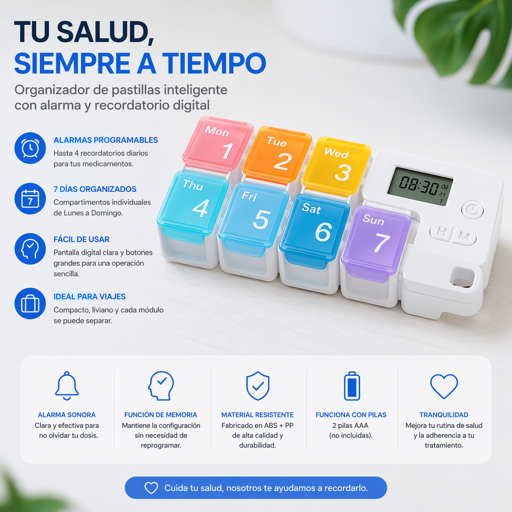 Organizador de Pastillas Inteligente 7 Días con Alarma