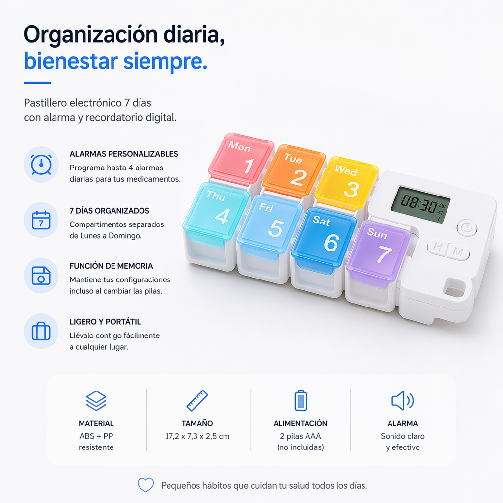 Organizador de Pastillas Inteligente 7 Días con Alarma